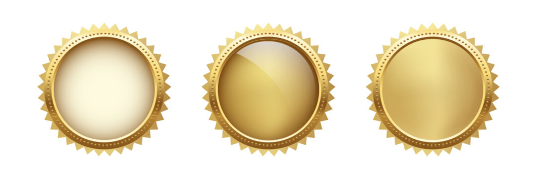 Gold metal medal set. Golden buttons, seals. First place awards. Shiny badges for top ranking, winners, competition prize, or achievement certificate. Realistic vector illustration.