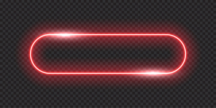 Neon glow light rounded rectangle frame. Led rectangular game button. Red light outline on transparent with soft luminous effect. Futuristic UI element. Modern colorful geometric vector illustration.