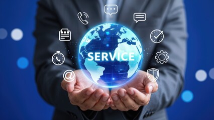 Fototapeta premium Global Service Concept Businessman Holding Earth with Icons suit