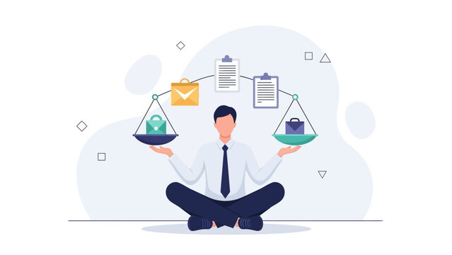 Businessman balancing work and life on scales, concept of work-life balance