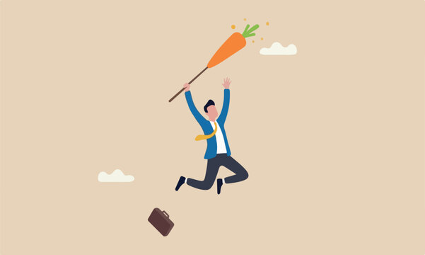 Motivation incentive employee, reward or trick to influence people or manipulation concept, seduced businessman jump in the air to catch tempting carrot baiting lure from the stick.