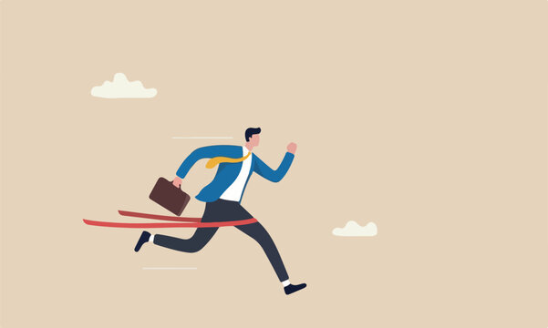 Go extra miles goal, push more effort to ensure succeed, exceed or beyond expectation, dedication concept, businessman running extra mile from finish line to ensure success