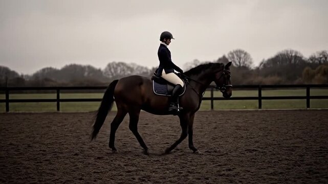 Woman rides horse in outdoor equestrian arena on cloudy day