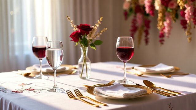 Elegant table setting with wine glasses, roses, and golden flatware on a linen tablecloth
