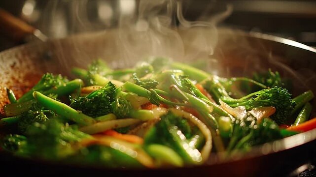 Steaming Broccoli and Vegetables Stir-Fried in a Wok.