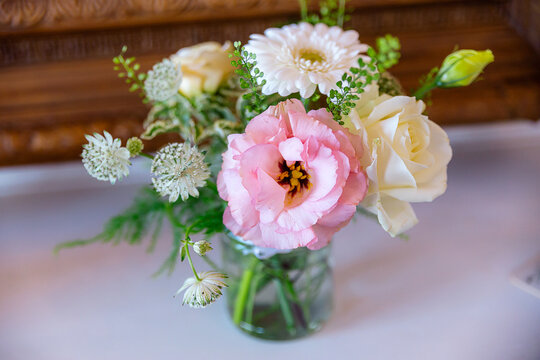 Pink And White Floral Bouquet In Glass Vase Romantic Table Centerpiece Wedding Flower Arrangement