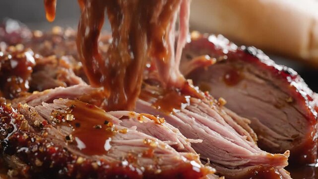 Juicy pulled pork with barbecue sauce being drizzled, close-up, mouthwatering food photography