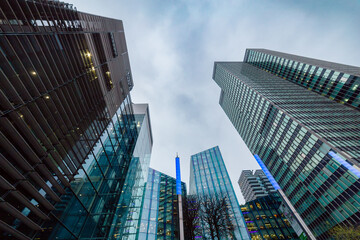 Fototapeta premium Modern Glass Skyscrapers and Corporate Office Towers in Urban Business District Under Overcast Sky