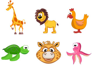 Fototapeta premium Cartoon animals icons set. A set of colorful cartoon animal icons on white background.