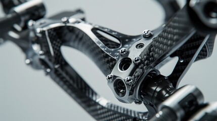 Intricate carbon fiber mechanical part features polished steel bolts and precision engineering in a studio setting. Concept of advanced engineering, futuristic technology, and innovation.