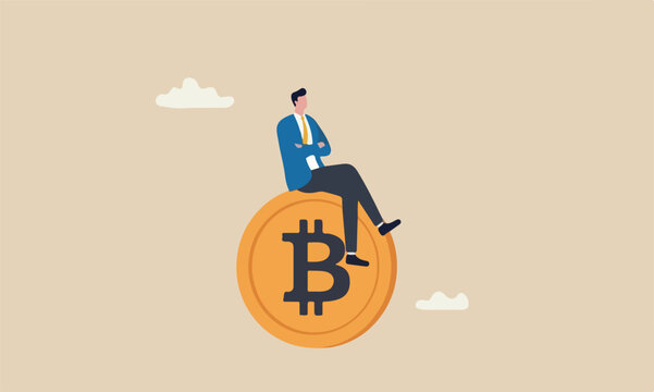 Bitcoin hodl bitcoin or crypto currency for long term investment, crypto investing or believe in Bitcoin independence concept, calm businessman investor relax sitting on Bitcoin
