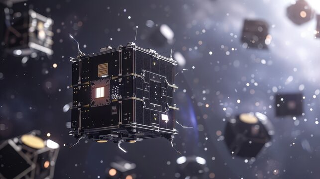 Modular cube-shaped satellites with intricate circuitry float amidst a dense field of shimmering stars. Concept of satellite communication, future technology, and space exploration missions.