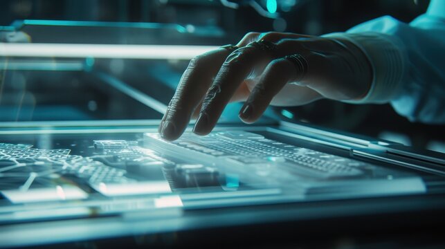 Professional hand interacts with a translucent digital touch screen displaying complex data and geometric patterns. Concept of innovation, future technology advancement, and human computer interaction