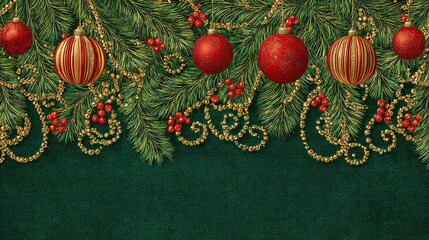 Luxurious vintage Christmas card with ornaments, beads, and evergreen branches design