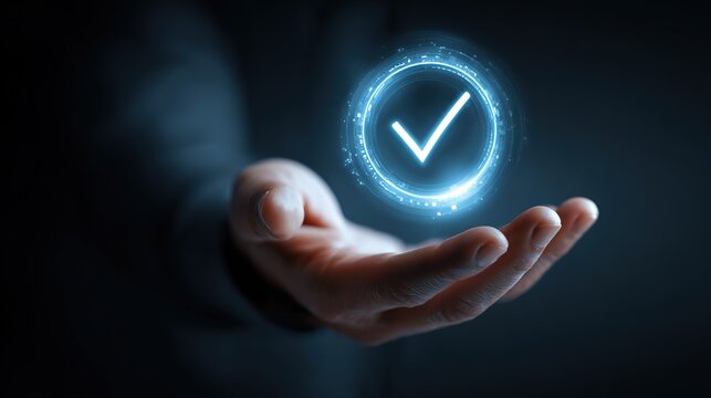 Hand holding a glowing check mark signifying agreement and successful accomplishment