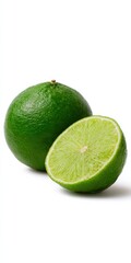 Fresh whole and sliced limes on white background highlighting vibrant green citrus