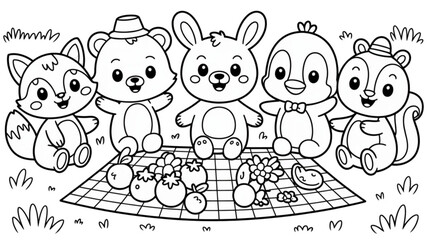 Fototapeta premium Cute cartoon forest animal friends picnic isolated on transparent background.