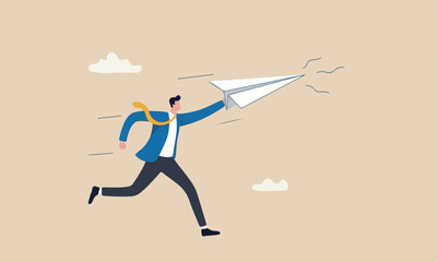 Start entrepreneurship business success concept, ambitious businessman running about to throwing to launch big paper airplane origami. © YEASIN