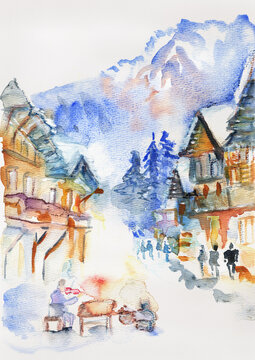 Hand Painted Watercolor Illustration of Winter Street in Zakopane, Poland with Tatra Mountain Mood