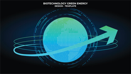 Biotechnology gradient blue and green World Map Sphere with Arrow Around The Planet Earth Green Energy Concept.  A sleek circular arrow orbits around the globe, symbolizing global sustainability, Tech © Isasoulart
