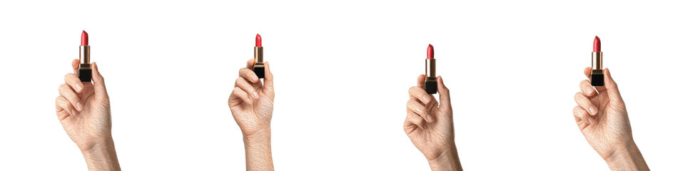 Set and collection of hands holding open red lipstick tubes in various positions isolated on white...