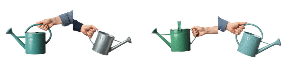 Set and collection of hands holding various metal and plastic watering cans in different positions...