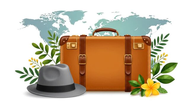 Vintage brown suitcase with fedora hat and tropical leaves on white