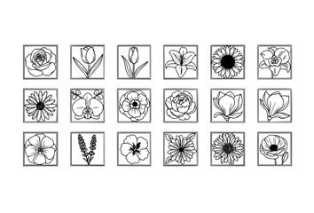 Minimalist Black and White Floral Vector Collection &ndash; Twelve Botanical Line Art Flowers Isolated on White Background
