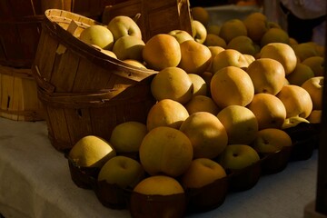 Freshly picked yellow apples in a basket