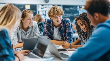 Obraz premium A group of students collaborate with each other