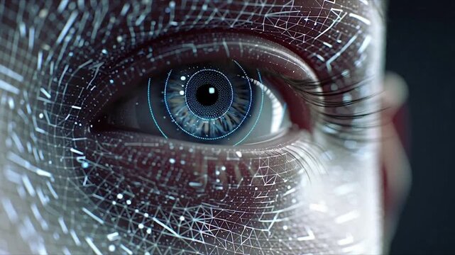 Close-up of a futuristic blue eye with digital overlay.