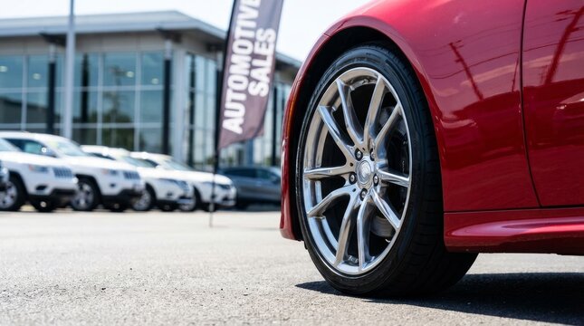 Red Sports Car Alloy Wheel Parked at Dealership Showroom Lot Represents Car Sales, Automotive Industry, and Vehicle Finance, Automotive Dealership Store
