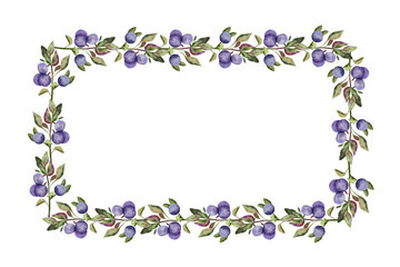 Blueberries rectangle frame. Hand drawn watercolor isolated on white background. Clipart. erfect for invitations, logo design, or food-related branding