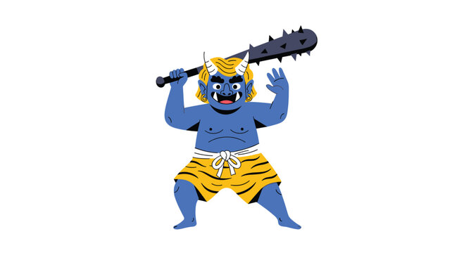 Blue Japanese oni demon character wearing tiger skin loincloth and brandishing a spiked club for cultural festivities.