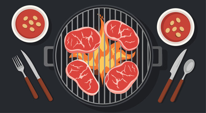 Top view of steaks cooking on an open flame grill surrounded by soup bowls and cutlery for a delicious outdoor barbecue.