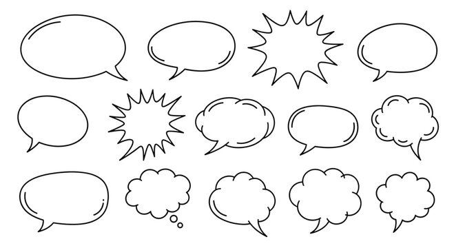 Collection of various speech and thought bubble shapes in black outline for comics cartoons and graphic design projects.