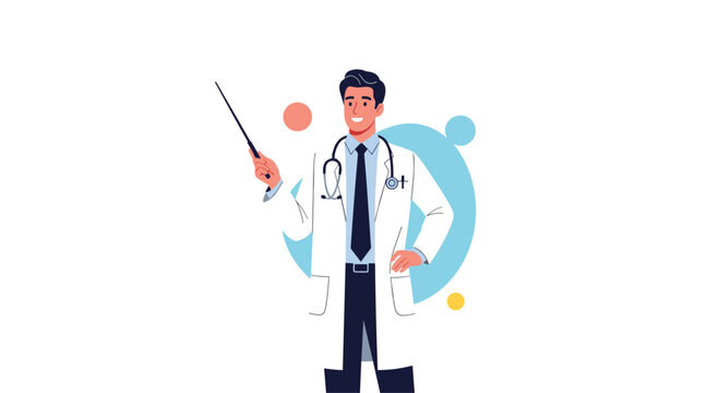 Professional male doctor in a white coat holding a pointer stick to present medical information or health education.