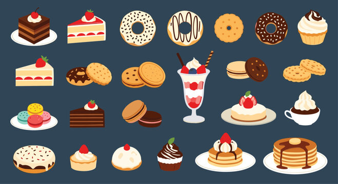 Wide variety of sweet treats including cakes cookies donuts macarons and ice cream sundaes for a bakery or cafe display.