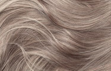 Blond hair close-up as a background. Women's long light brown hair. Beautifully styled wavy shiny...
