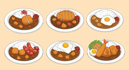Six plates of delicious Japanese curry served with rice and various toppings like tonkatsu fried egg sausage and shrimp tempura for a meal.