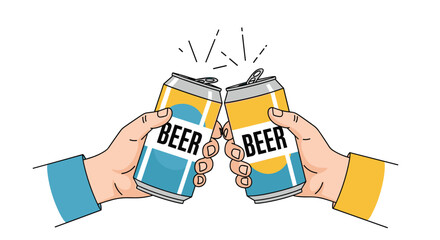 Two hands holding open cans of beer clinking together in a celebratory toast with motion lines representing a cheerful gathering or party.