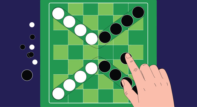 Top down view of a green and black board game where a hand is placing a black stone piece among other white and black circular pieces.