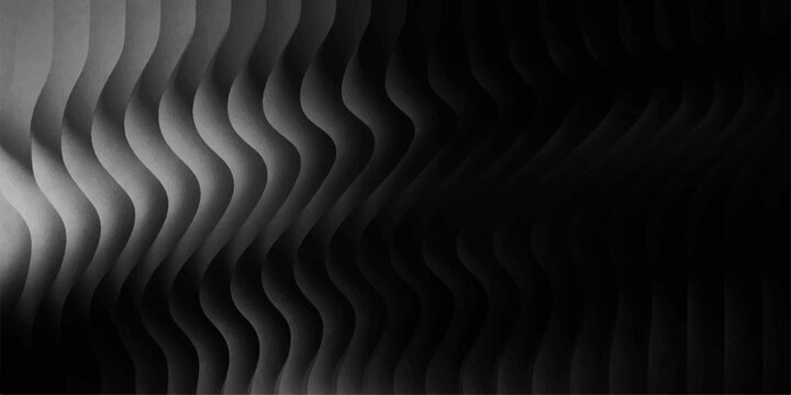 A seamless 3d abstract black and white background features a textured metal wave pattern with silver spiral lines and a light motion design for a high-tech wallpaper backdrop