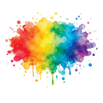 Vibrant rainbow watercolor splash on white background. Colorful ink blot with paint drips and splatters. Artistic vector illustration for creative design, pride, and Holi festival concepts.
