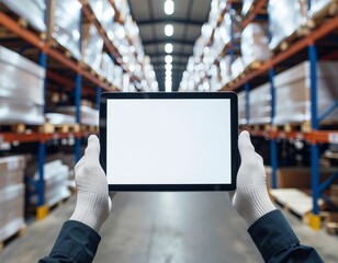 worker in white gloves holding tablet mockup with blank white screen in a warehouse for logistics