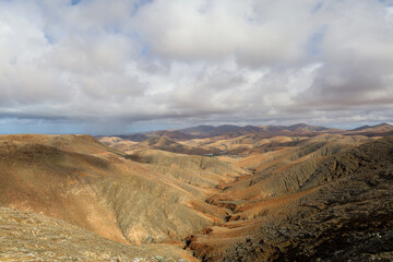 Arid Volcanic Landscape of Fuerteventura, Spain. View from Sicasumbre Astronomical viewpoint. 
