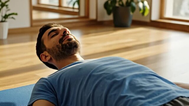 Peaceful man resting on yoga mat in home environment