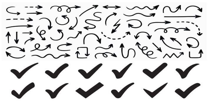 Collection of hand drawn arrows and checkmarks