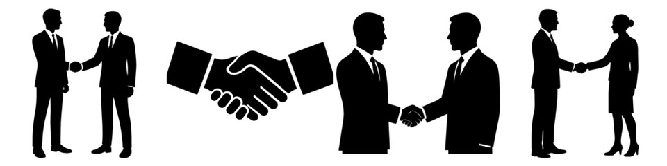 Illustration of silhouettes of business people shaking hands in various formal poses