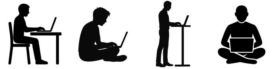 Illustration of silhouettes of people working on laptops in different positions and settings
